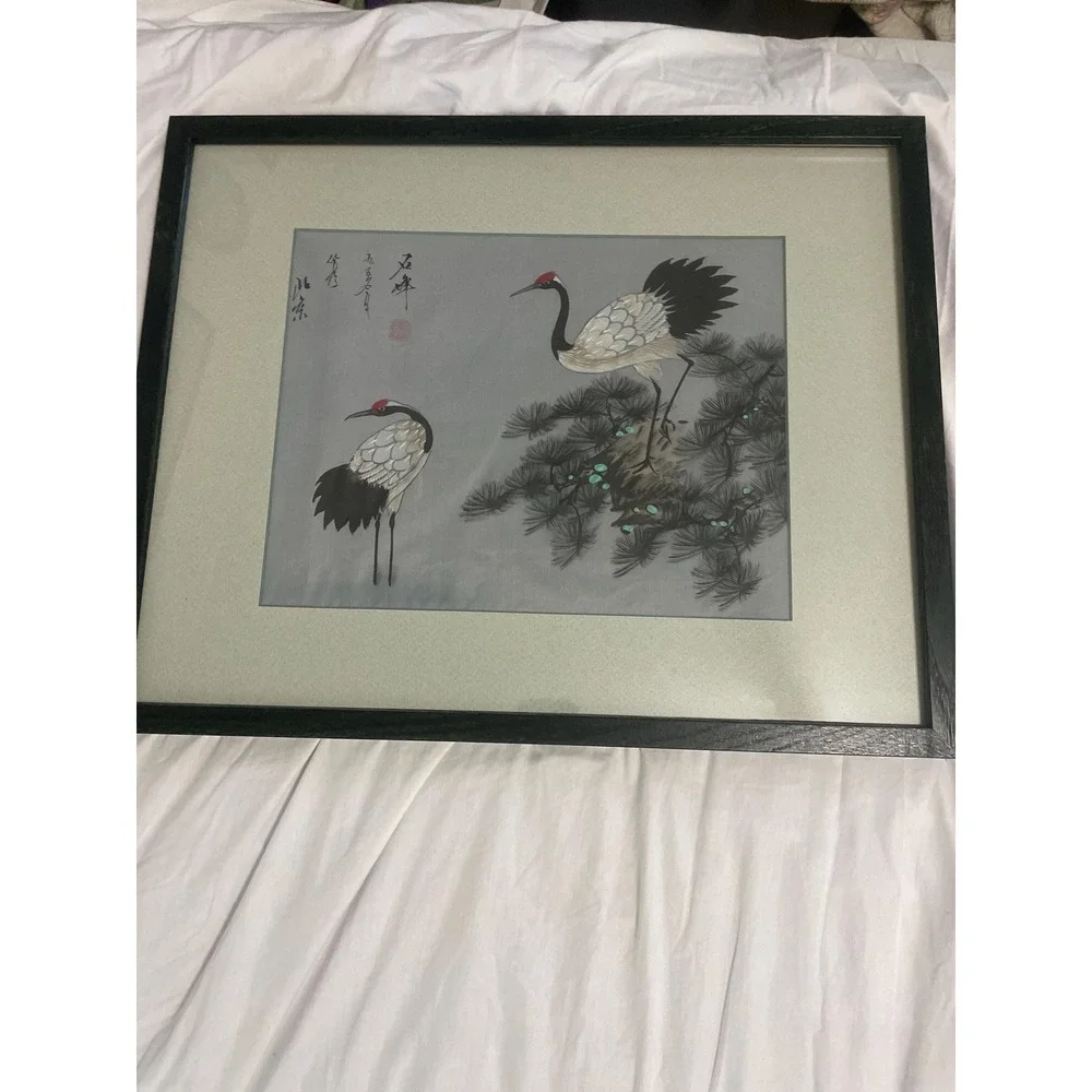 Vintage Japanese Handmade Silk Embroidery Wall Art Framed 2 Birds